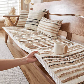 Housse de canapé antidérapante en peluche rayée en chenille avec matelas confortable pour animaux