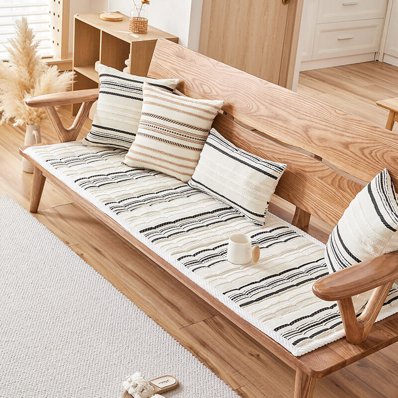 Housse de canapé antidérapante en peluche rayée en chenille avec matelas confortable pour animaux