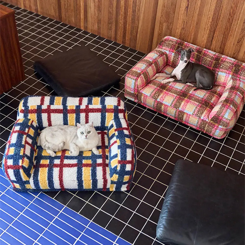 Lit pour chien et chat en fausse laine de mouton à carreaux lavable style vintage moderne