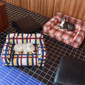 Lit pour chien et chat en fausse laine de mouton à carreaux lavable style vintage moderne
