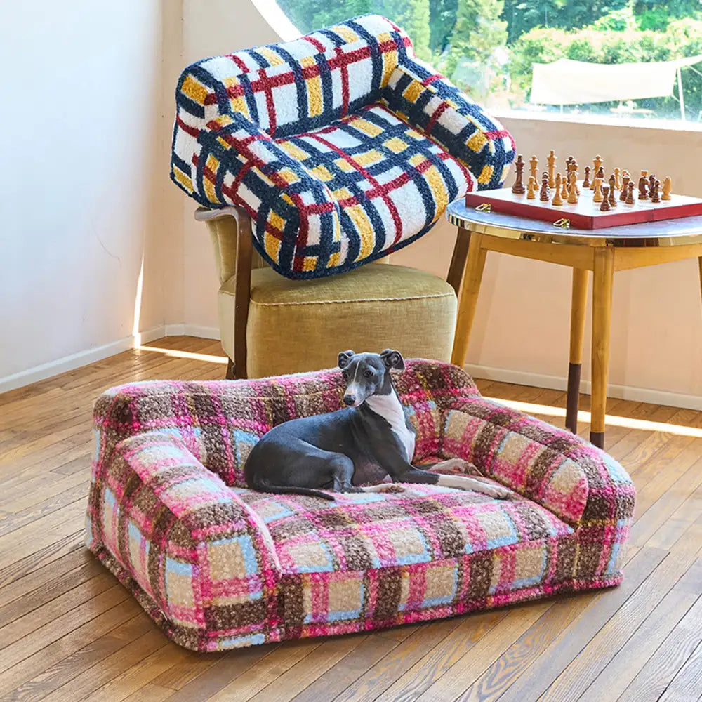 Lit pour chien et chat en fausse laine de mouton à carreaux lavable style vintage moderne
