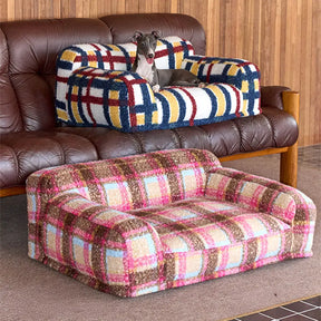 Lit pour chien et chat en fausse laine de mouton à carreaux lavable style vintage moderne