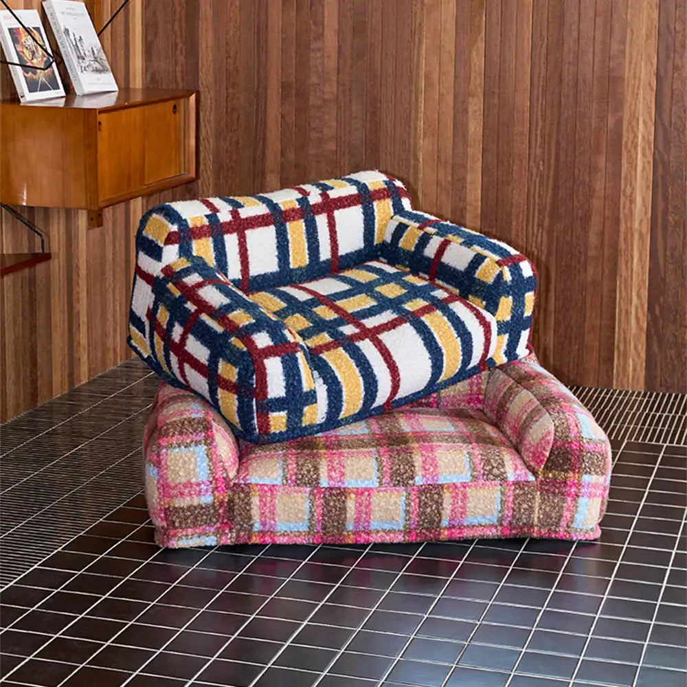 Lit pour chien et chat en fausse laine de mouton à carreaux lavable style vintage moderne
