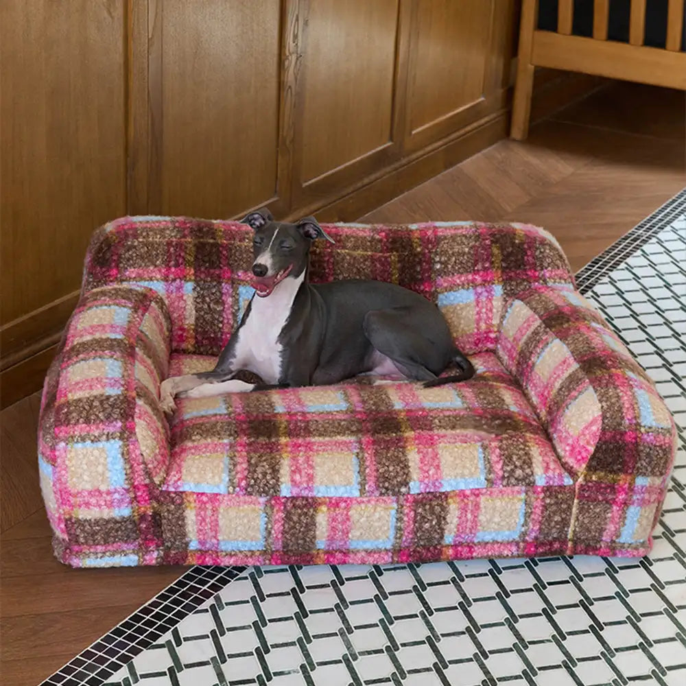 Lit pour chien et chat en fausse laine de mouton à carreaux lavable style vintage moderne