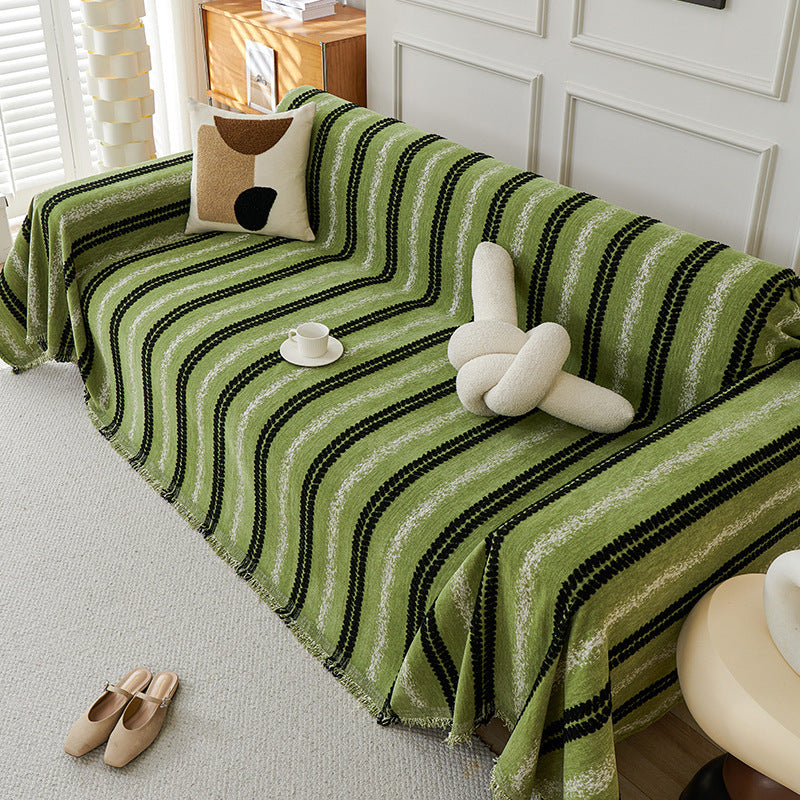 Housse de canapé en chenille avec franges et motifs à rayures