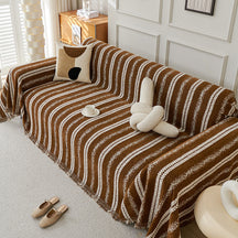 Housse de canapé en chenille avec franges et motifs à rayures