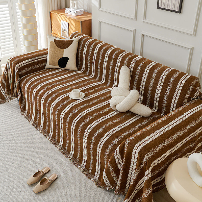 Housse de canapé en chenille avec franges et motifs à rayures