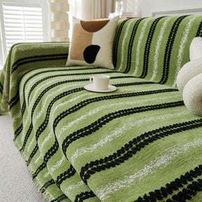 Housse de canapé en chenille avec franges et motifs à rayures