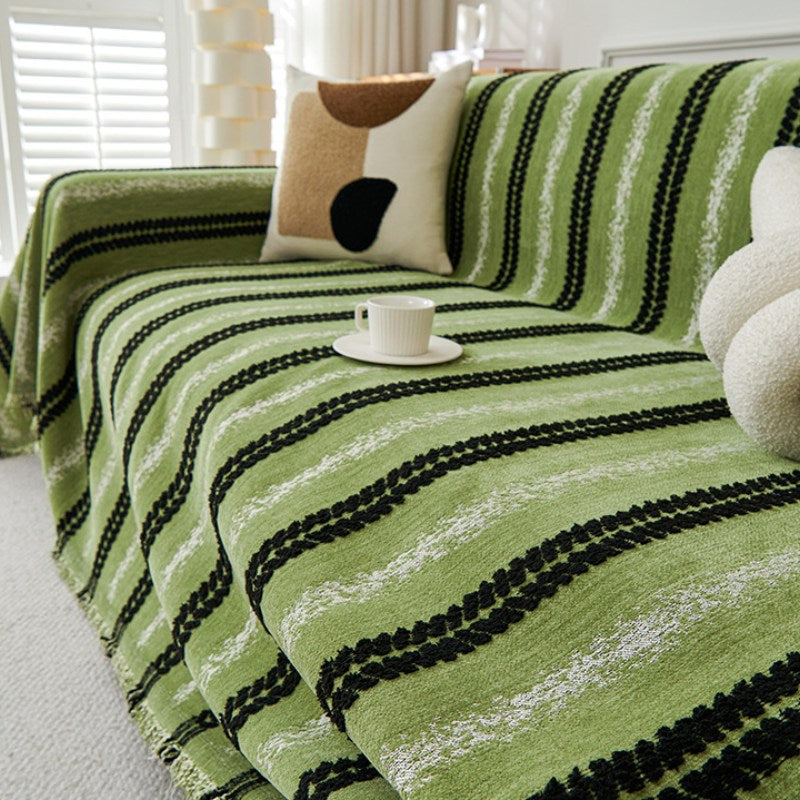 Housse de canapé en chenille avec franges et motifs à rayures