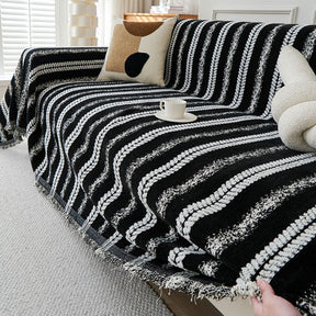 Housse de canapé en chenille avec franges et motifs à rayures