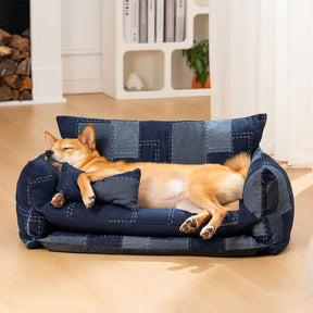 Lit Canapé pour Chien Style Patchwork Denim Double Couche