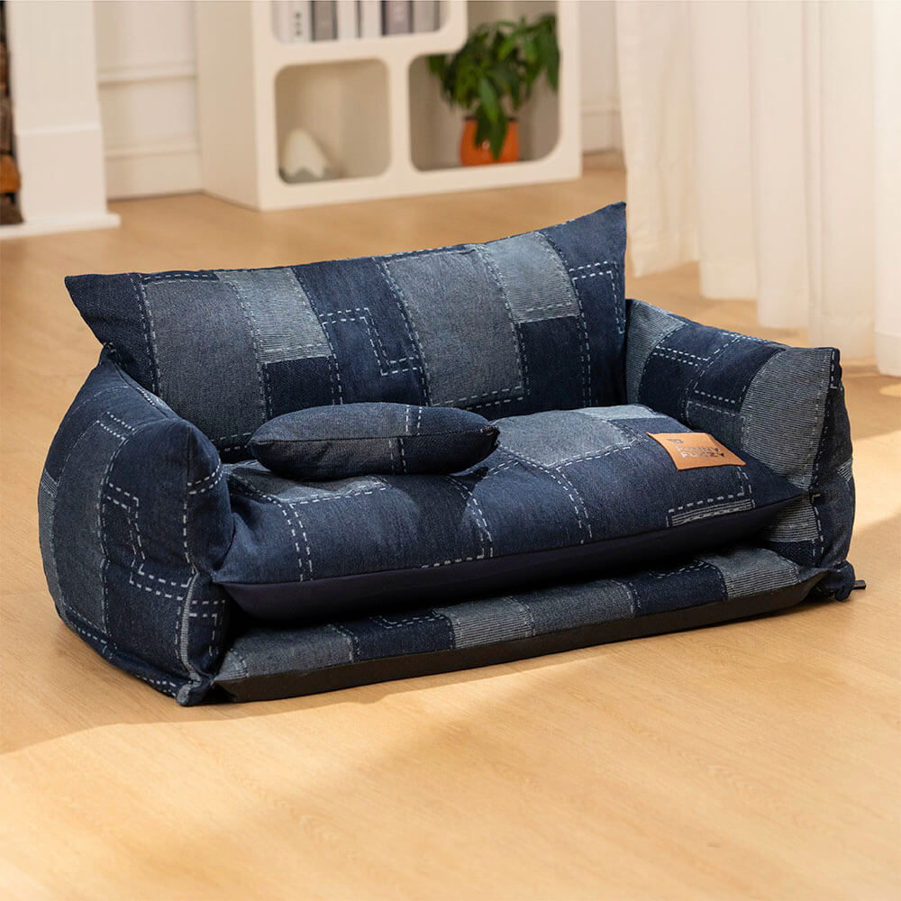 Lit Canapé pour Chien Style Patchwork Denim Double Couche