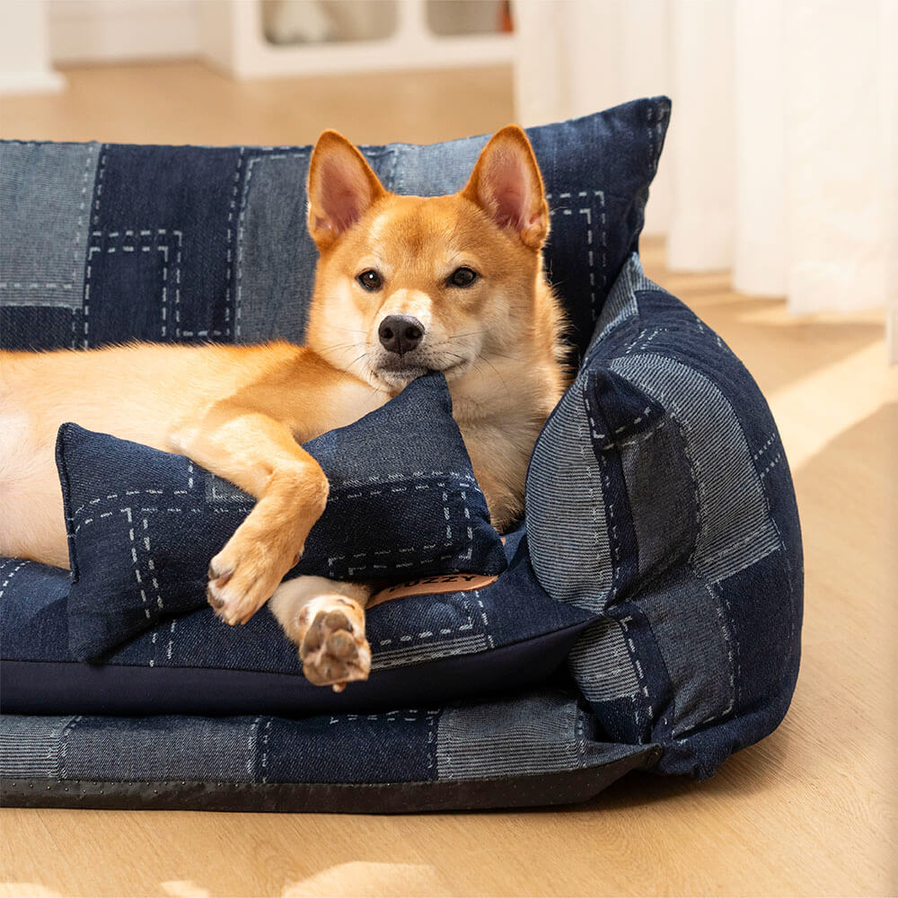 Lit Canapé pour Chien Style Patchwork Denim Double Couche