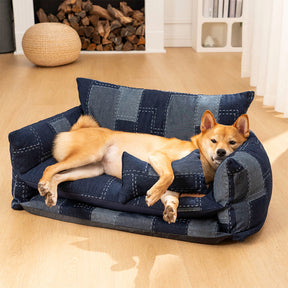 Lit Canapé pour Chien Style Patchwork Denim Double Couche