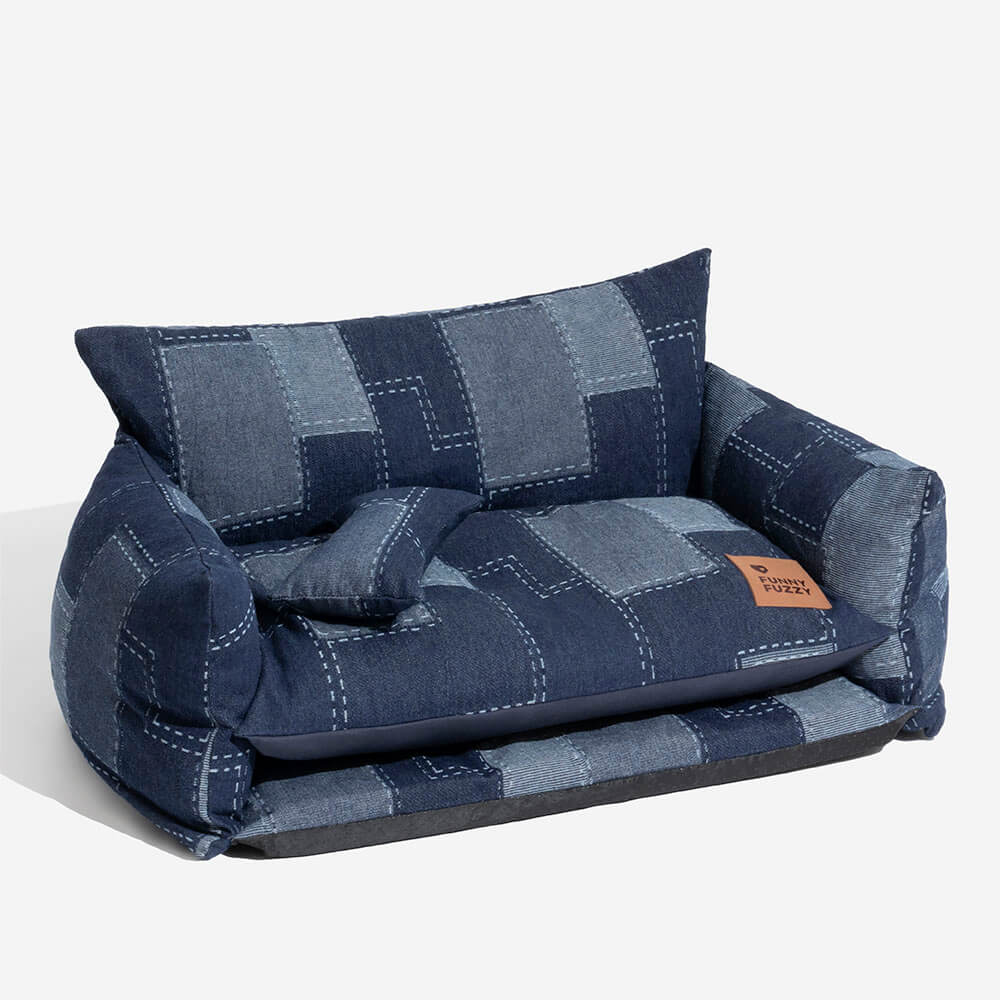 Lit Canapé pour Chien Style Patchwork Denim Double Couche