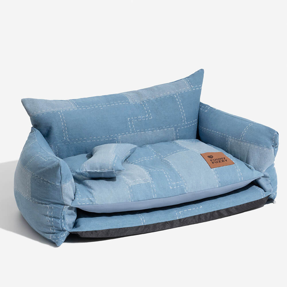 Lit Canapé pour Chien Style Patchwork Denim Double Couche