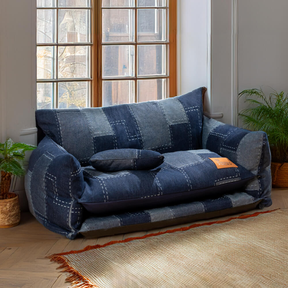 Lit Canapé pour Chien Style Patchwork Denim Double Couche