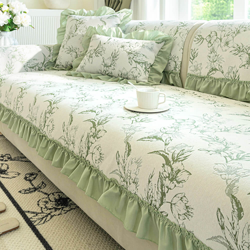 Housse de canapé en chenille antidérapante design à volants floraux