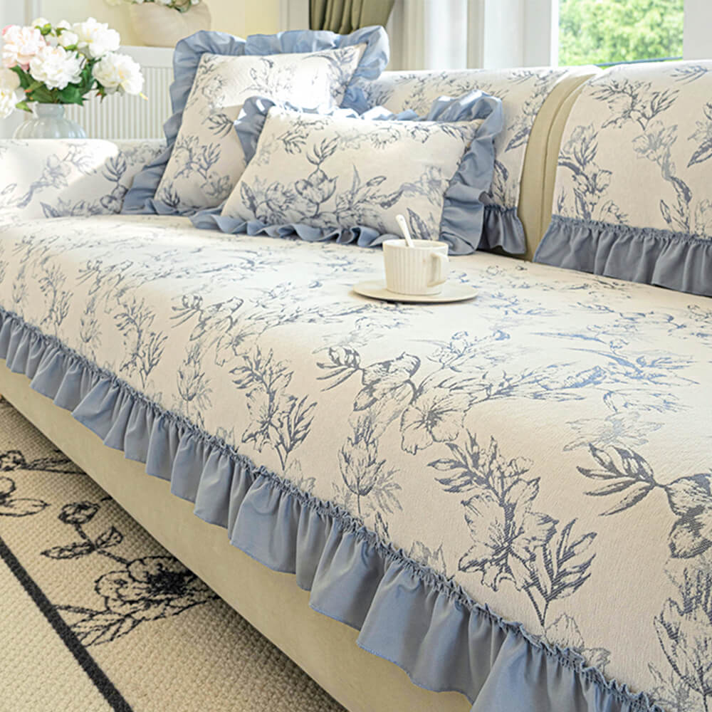 Housse de canapé en chenille antidérapante design à volants floraux