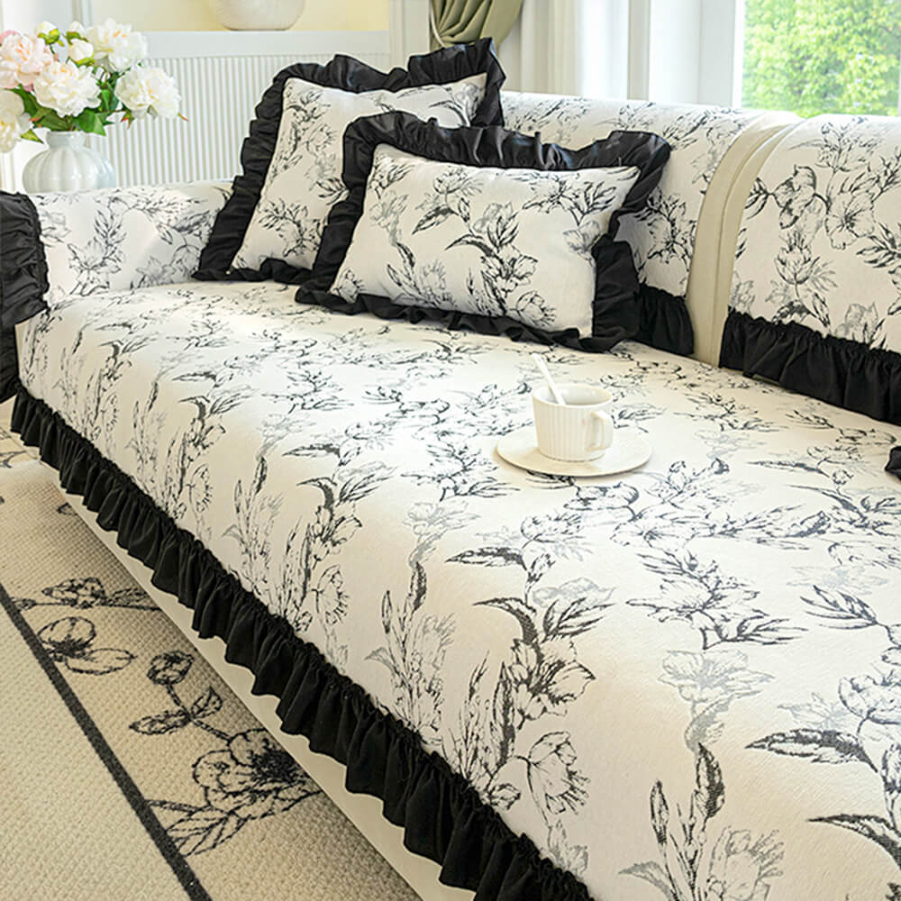 Housse de canapé en chenille antidérapante design à volants floraux