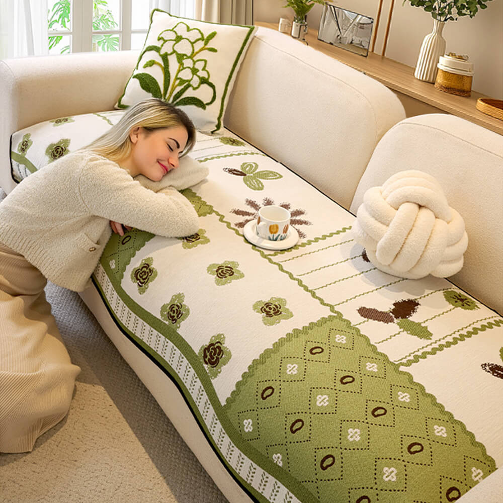 Housse de canapé antidérapante en tissu chenille résistant aux griffures style champêtre forme irrégulière