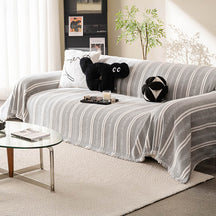 Housse de canapé en chenille avec franges et motifs à rayures