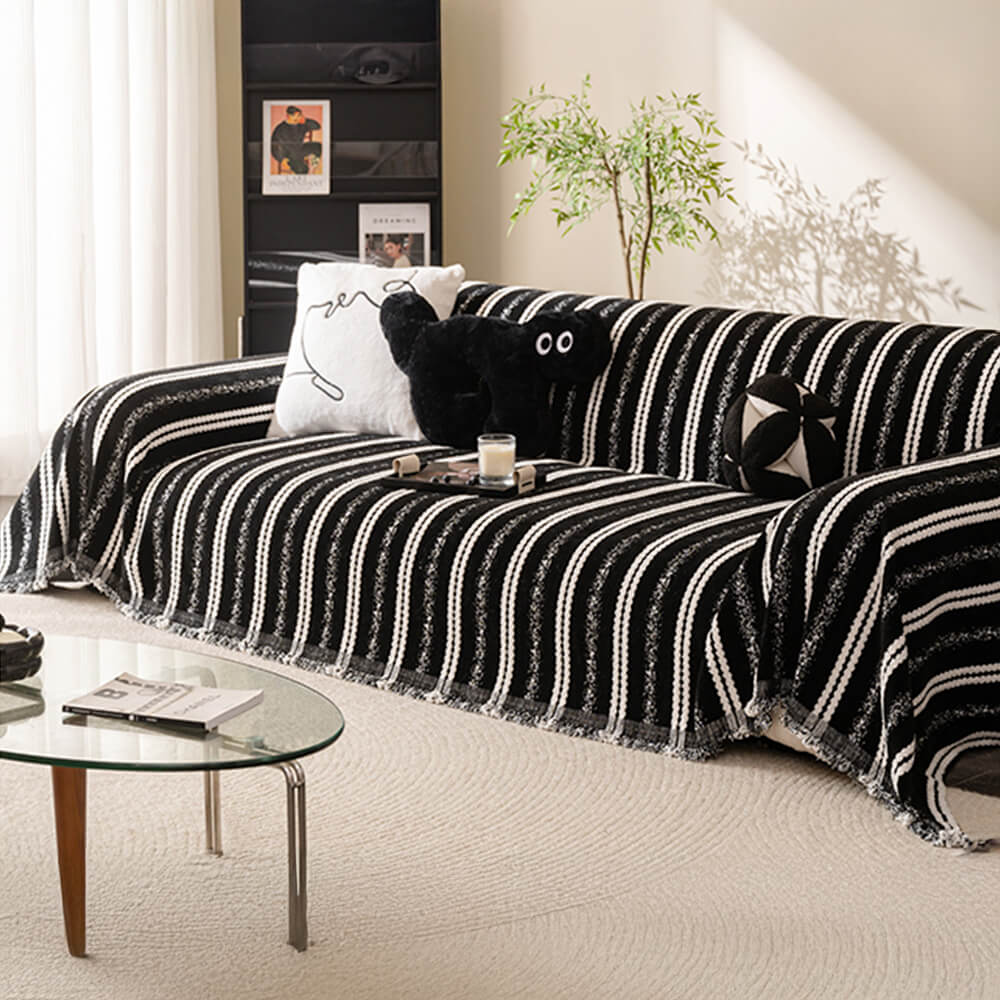 Housse de canapé en chenille avec franges et motifs à rayures
