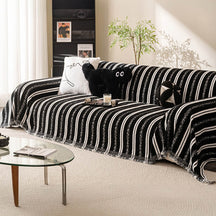 Housse de canapé en chenille avec franges et motifs à rayures