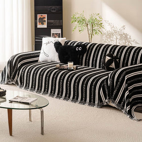 Housse de canapé en chenille avec franges et motifs à rayures