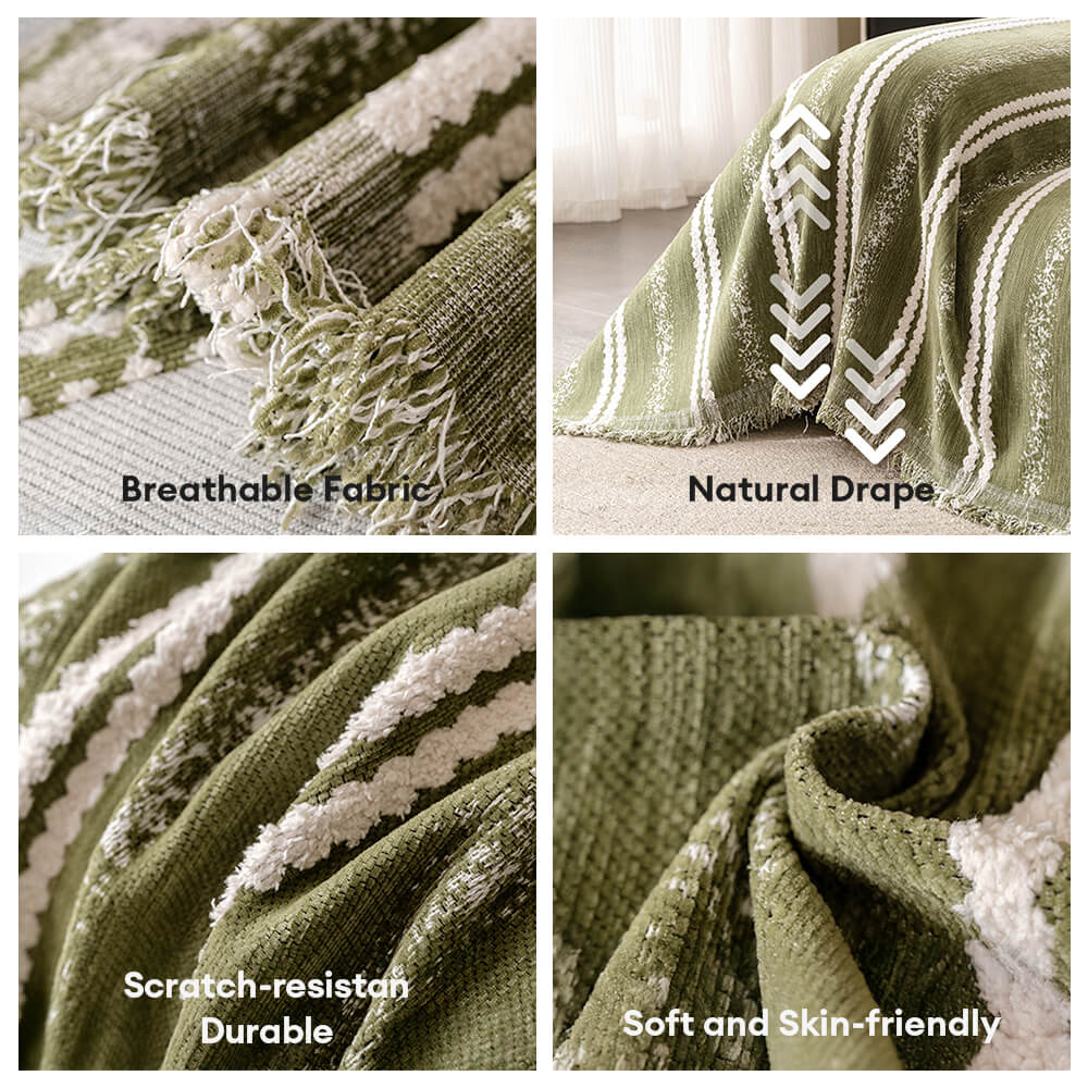 Housse de canapé en chenille avec franges et motifs à rayures