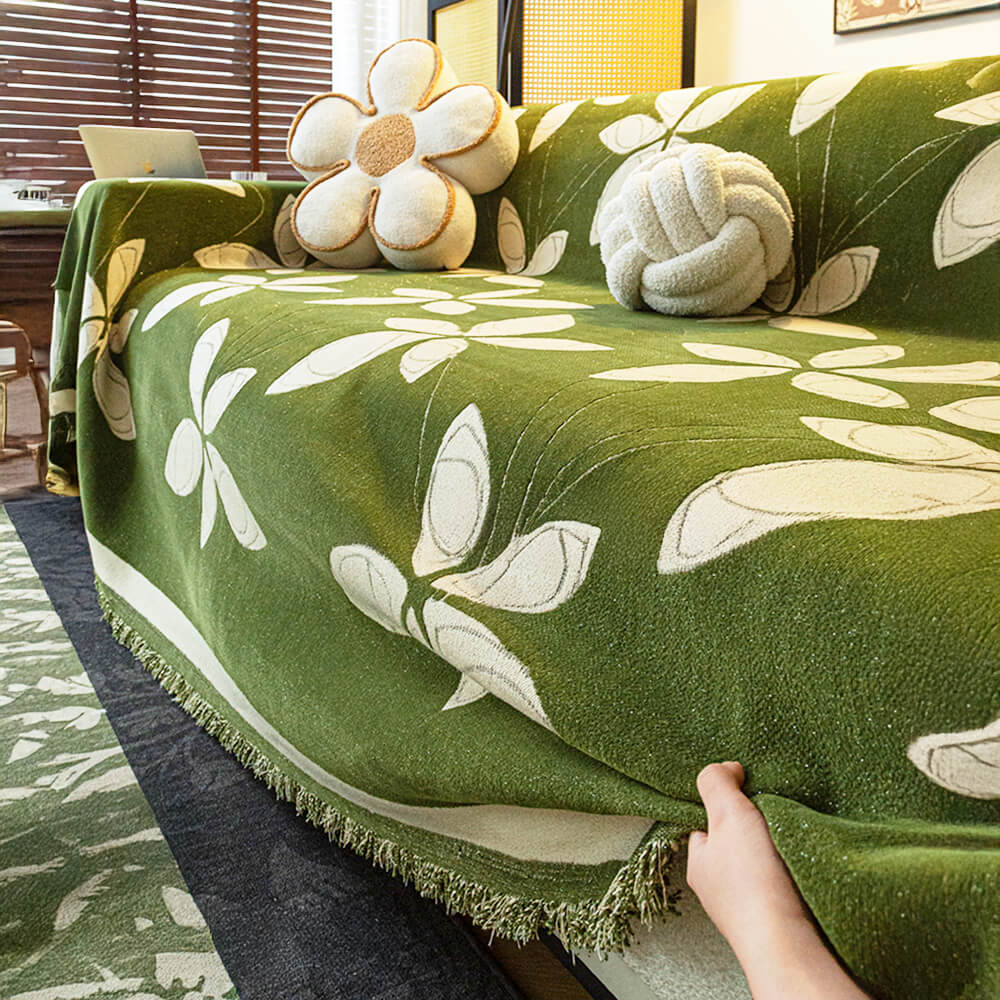 Couverture de canapé élégante en chenille réversible à motifs floraux