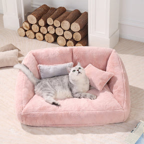 Grand canapé-lit double en peluche rose pour chien avec coussin