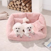 Grand canapé-lit double en peluche rose pour chien avec coussin