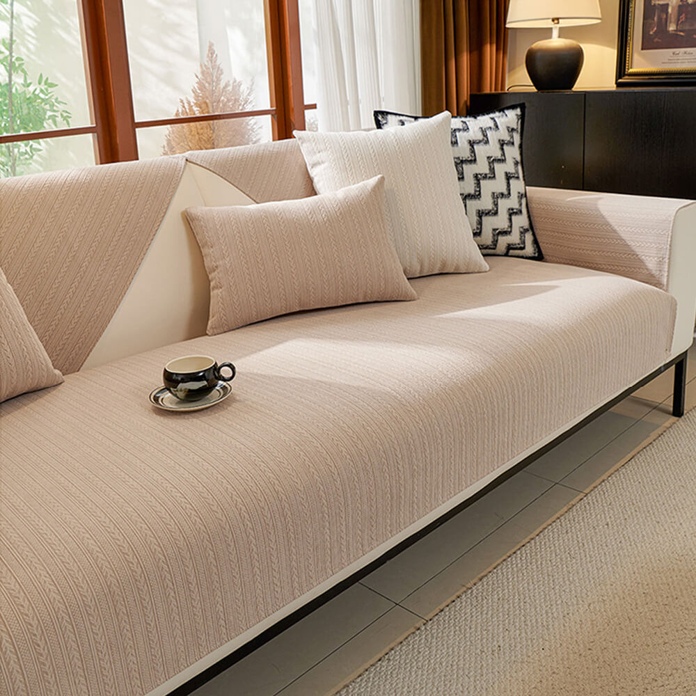 Housse de canapé en chenille rayée coloris blé imperméable style minimaliste