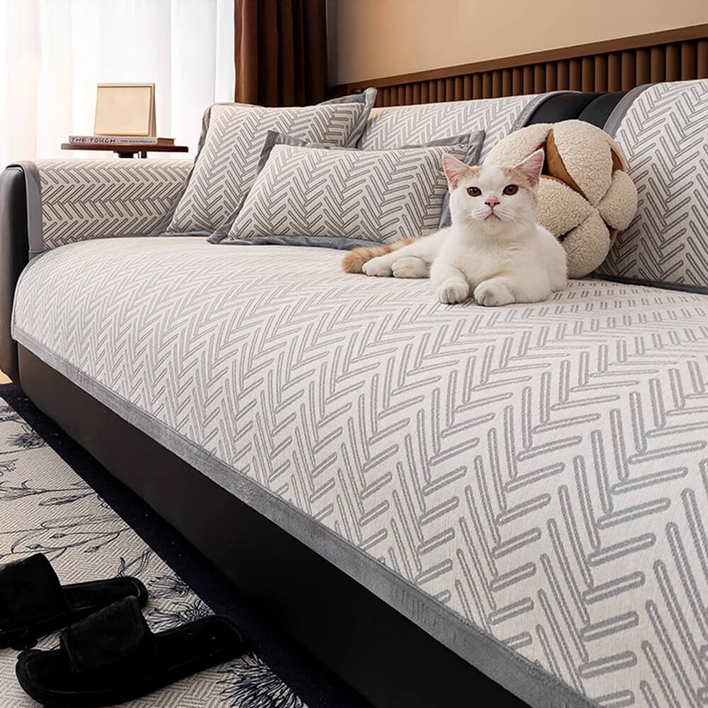 Housse de canapé en chenille chevron chic et moderne anti-rayures et antidérapante
