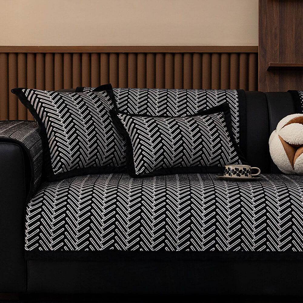 Housse de canapé en chenille chevron chic et moderne anti-rayures et antidérapante