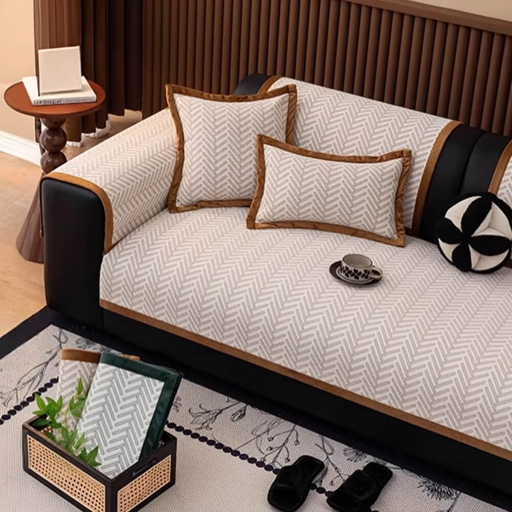 Housse de canapé en chenille chevron chic et moderne anti-rayures et antidérapante