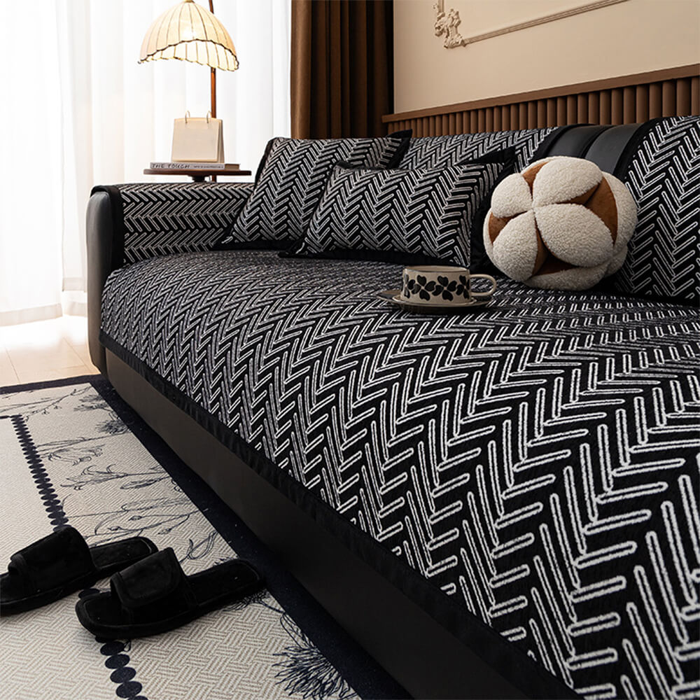 Housse de canapé en chenille chevron chic et moderne anti-rayures et antidérapante