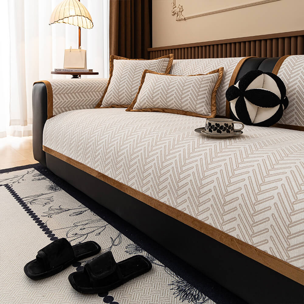 Housse de canapé en chenille chevron chic et moderne anti-rayures et antidérapante