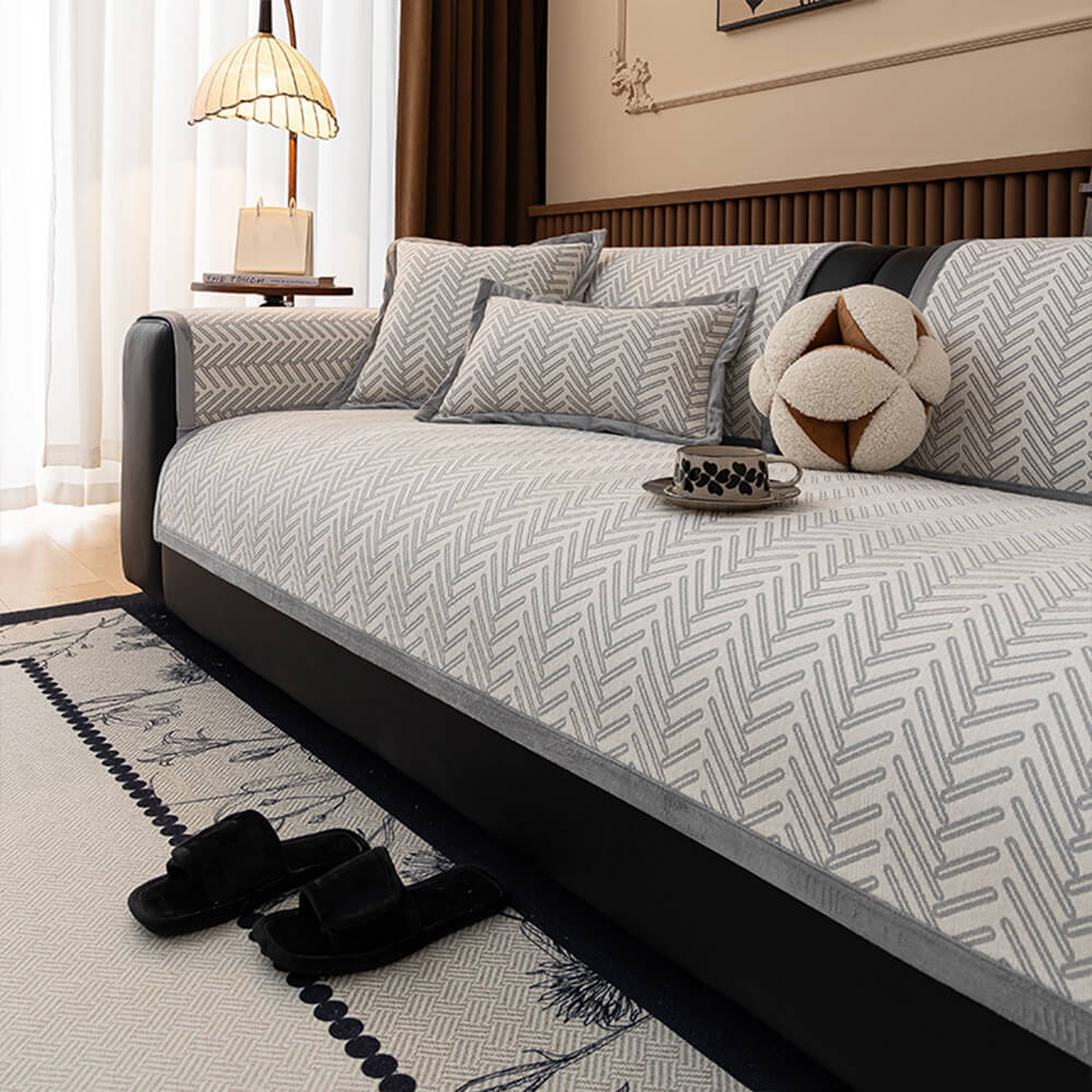 Housse de canapé en chenille chevron chic et moderne anti-rayures et antidérapante