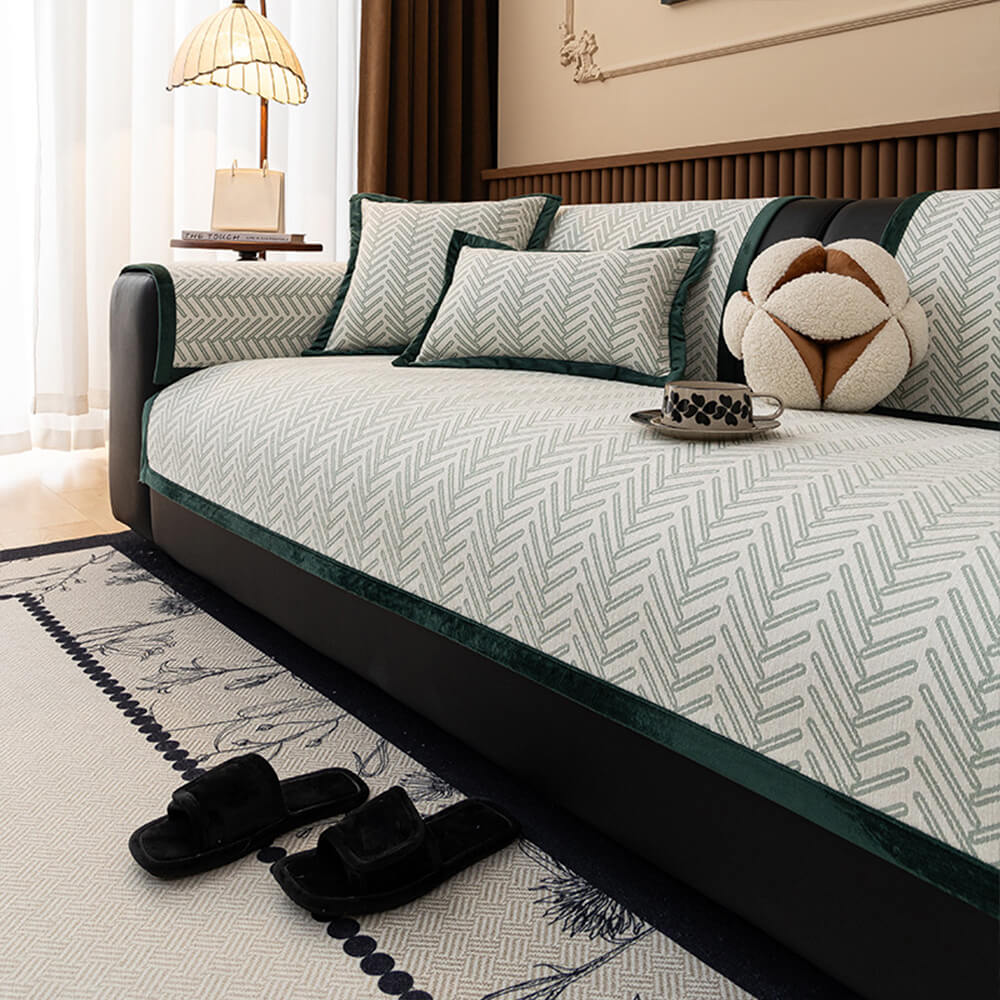 Housse de canapé en chenille chevron chic et moderne anti-rayures et antidérapante