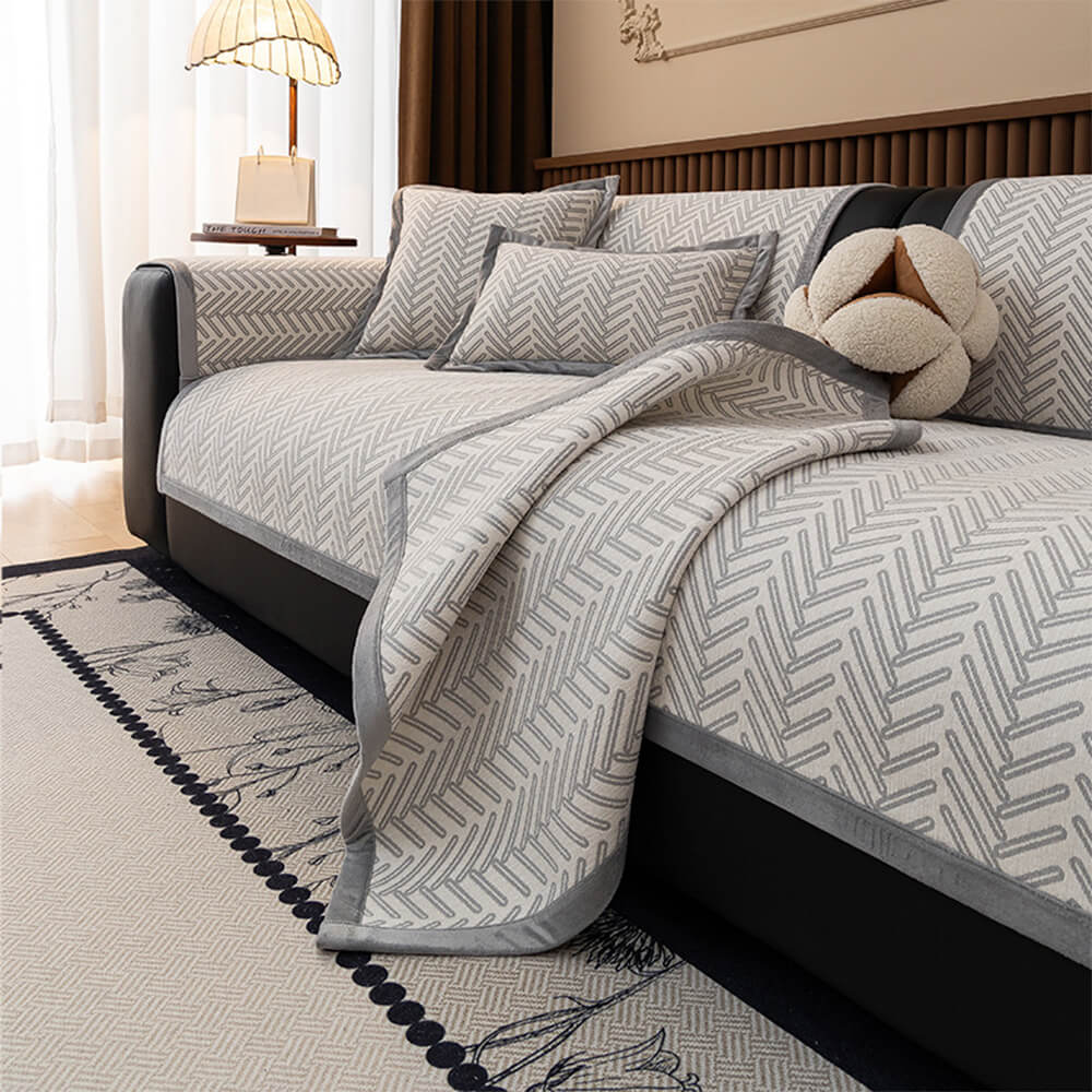 Housse de canapé en chenille chevron chic et moderne anti-rayures et antidérapante