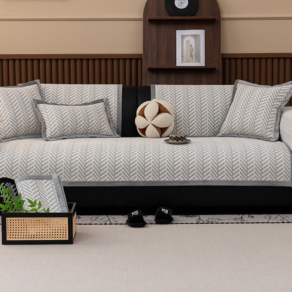 Housse de canapé en chenille chevron chic et moderne anti-rayures et antidérapante
