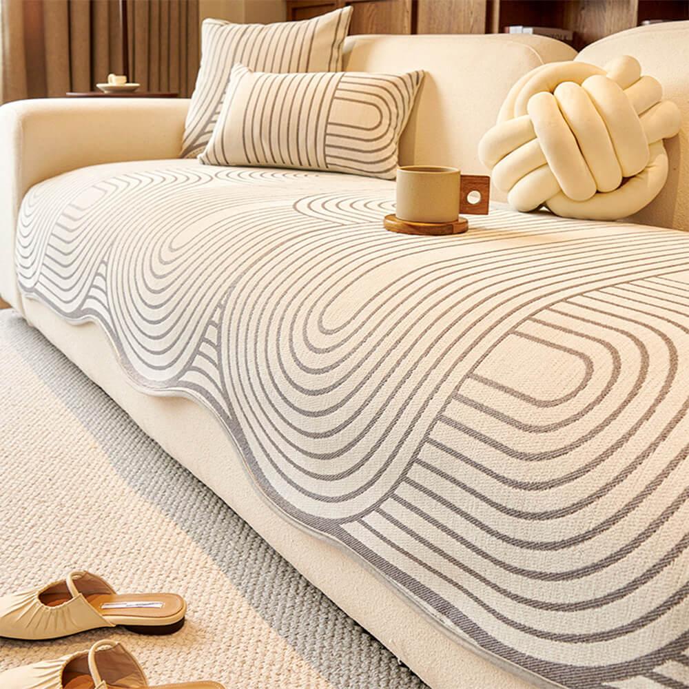 Housse de canapé en chenille à motifs linéaires style moderne forme irrégulière