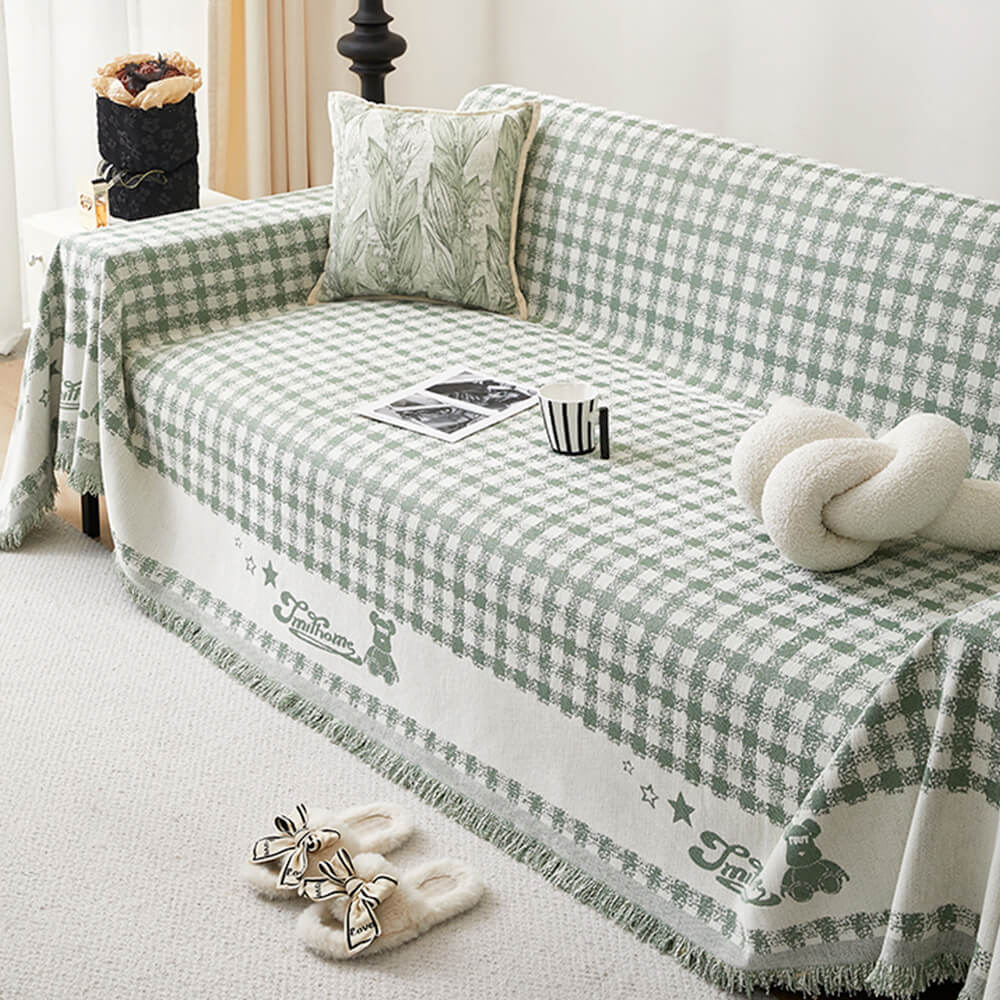 Housse de canapé en chenille motif vichy rétro avec franges décoratives