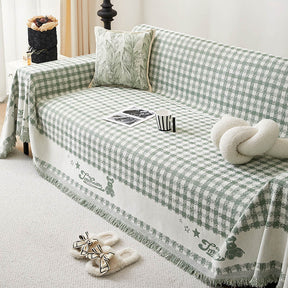 Housse de canapé en chenille motif vichy rétro avec franges décoratives