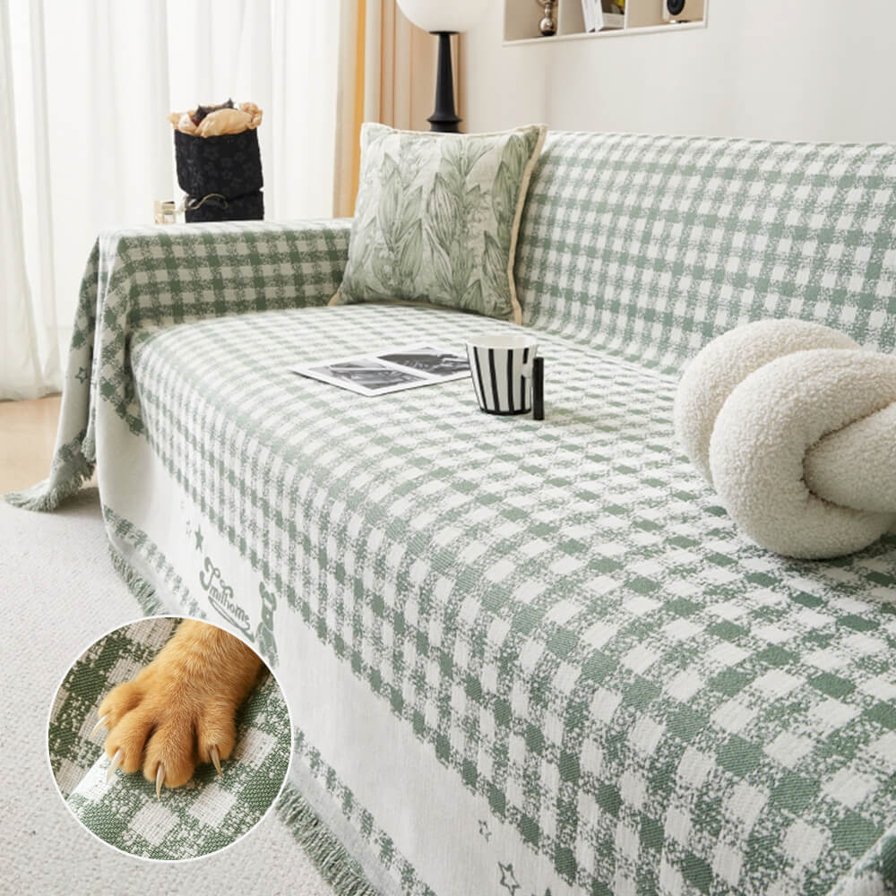Housse de canapé en chenille motif vichy rétro avec franges décoratives