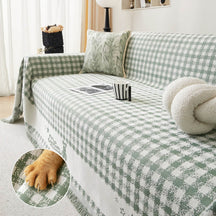 Housse de canapé en chenille motif vichy rétro avec franges décoratives