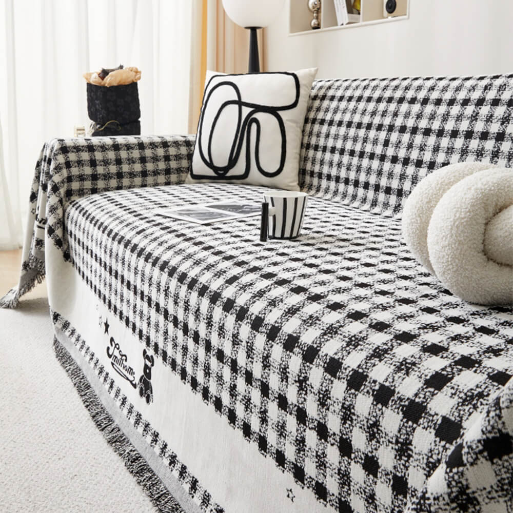 Housse de canapé en chenille motif vichy rétro avec franges décoratives