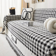 Housse de canapé en chenille motif vichy rétro avec franges décoratives